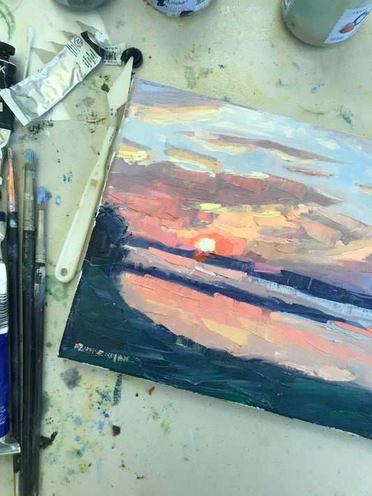 Pink Sunset with Palette Knife 12x9 (2020)